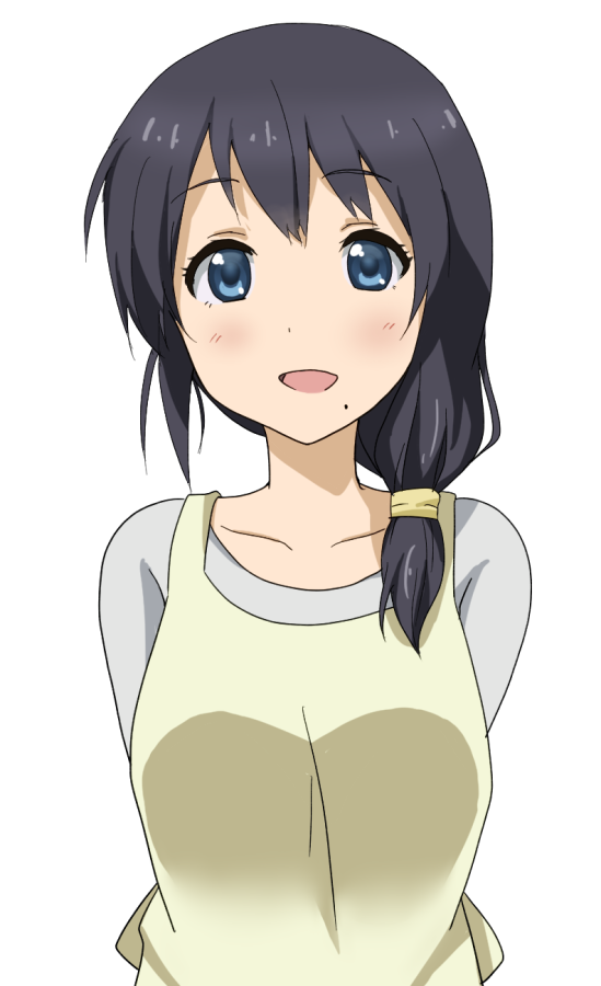 1girl, apron, arms_behind_back, azuma_shihoko, black_hair, blue_eyes, commentary, eyebrows