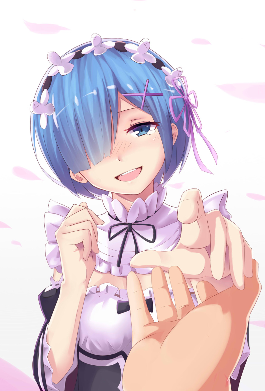 1girl, absurdres, blue_eyes, blue_hair, blush, bob_cut, detached_sleeves, hair_ornament