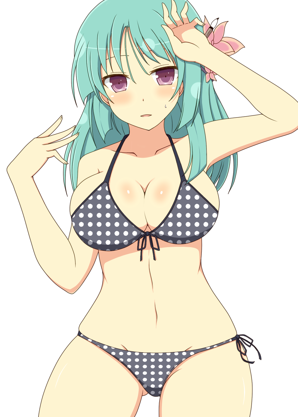1girl, ass_visible_through_thighs, bare_shoulders, bashou_(senran_kagura), bikini, blush, breasts, calligraphy_brush