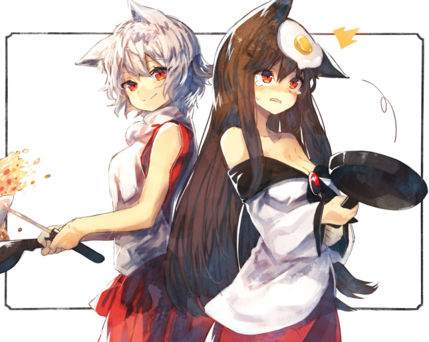 2girls, animal_ears, bare_arms, bare_shoulders, bei_mochi, black_hair, breasts, brooch