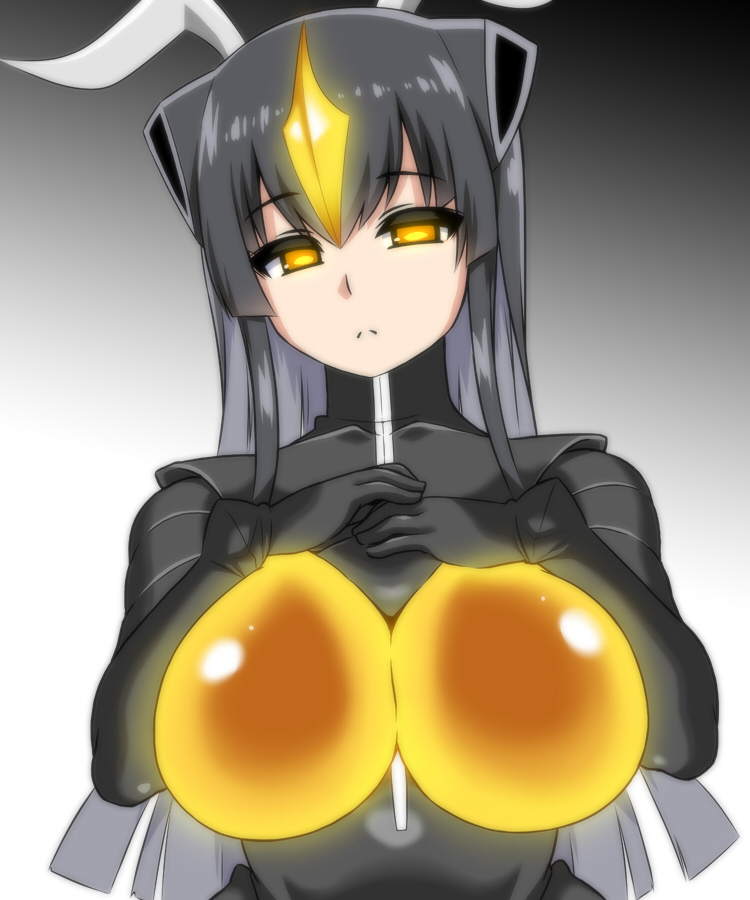 1girl, black_hair, bodysuit, breasts, female, large_breasts, long_hair, looking_at_viewer