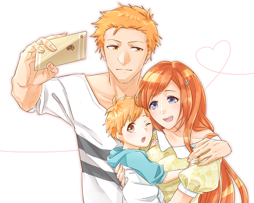 1girl, 2boys, bleach, breasts, brown_eyes, cellphone, commentary_request, family