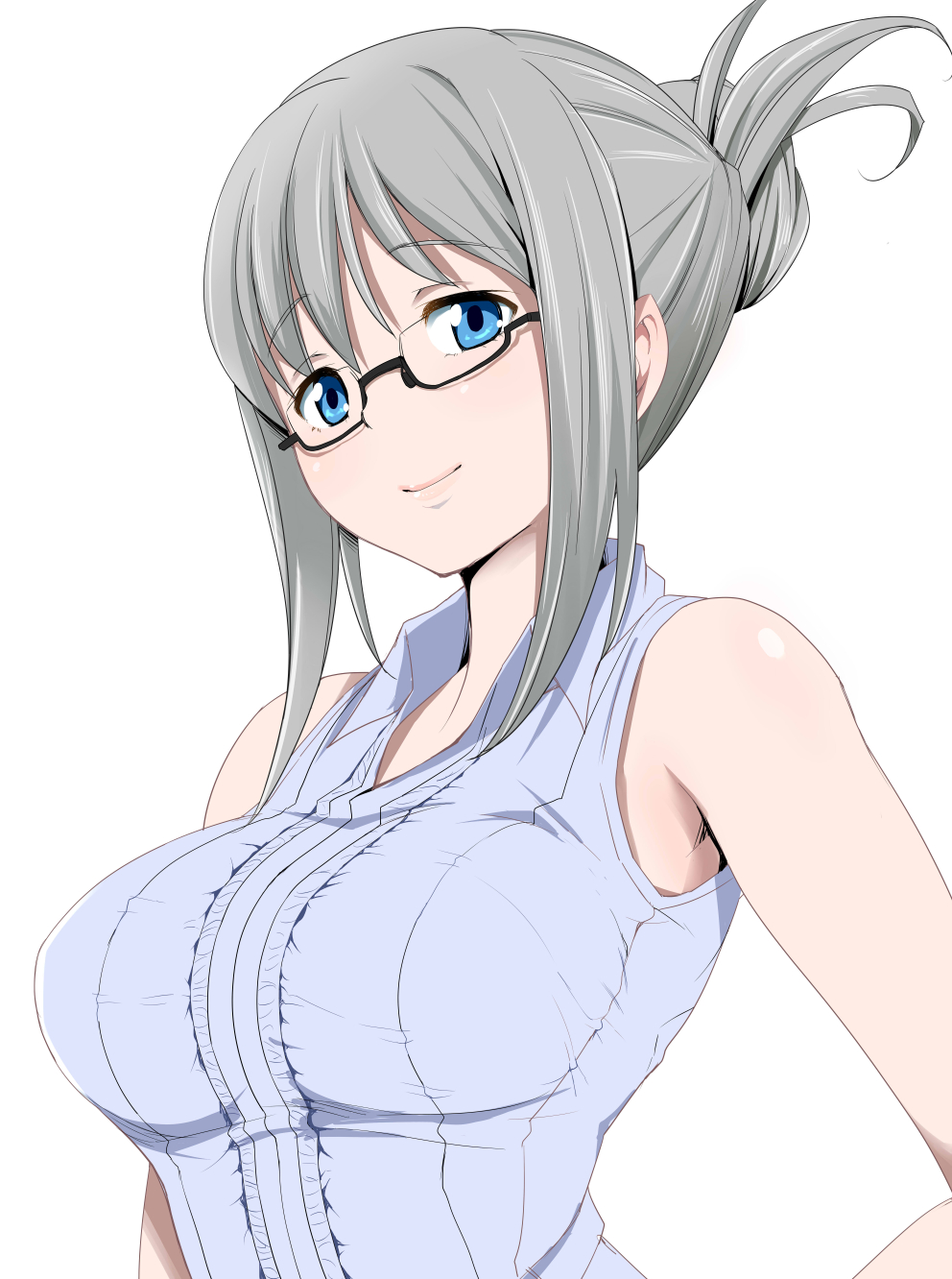 1girl, bare_shoulders, blue_eyes, breasts, endou_masatoshi, glasses, grey_hair, hair_bun
