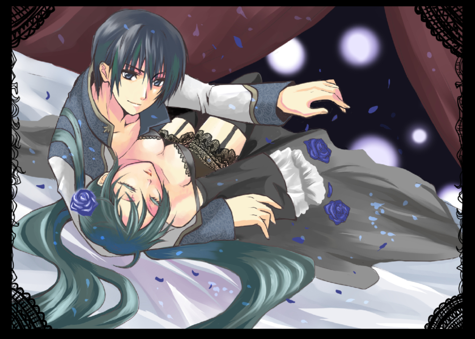 blue_eyes, blue_hair, breasts, cantarella_(vocaloid), cleavage, closed_eyes, dress, flower