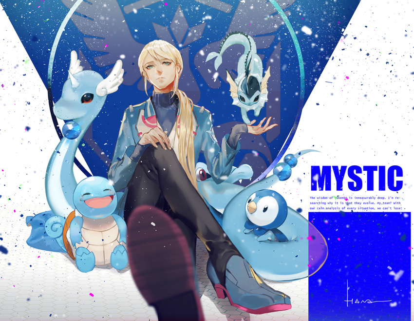 1girl, androgynous, blanche_(pokemon), blue, blue_eyes, blurry, crossed_legs, dark_skin
