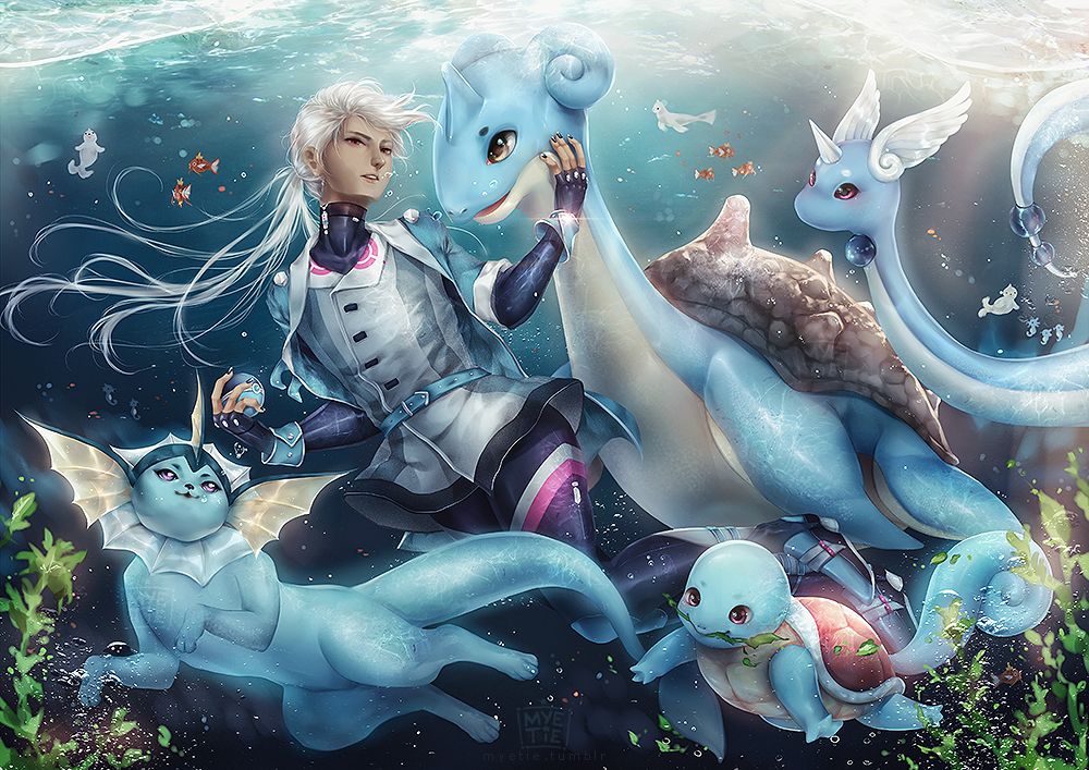 1girl, air_bubble, belt, black_nails, blanche_(pokemon), dark_skin, dragonair, fish