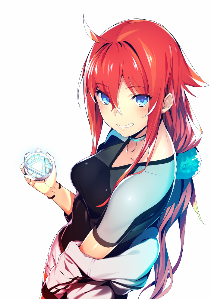 1girl, ahoge, arc_reactor, blue_eyes, blush, commentary_request, grin, hiwatari_makoto, long_hair, looking_at_viewer, low-tied_long_hair, open_mouth, original, red_hair, redhead, shoken_narai, simple_background, skin_tight, smile, solo, white_background