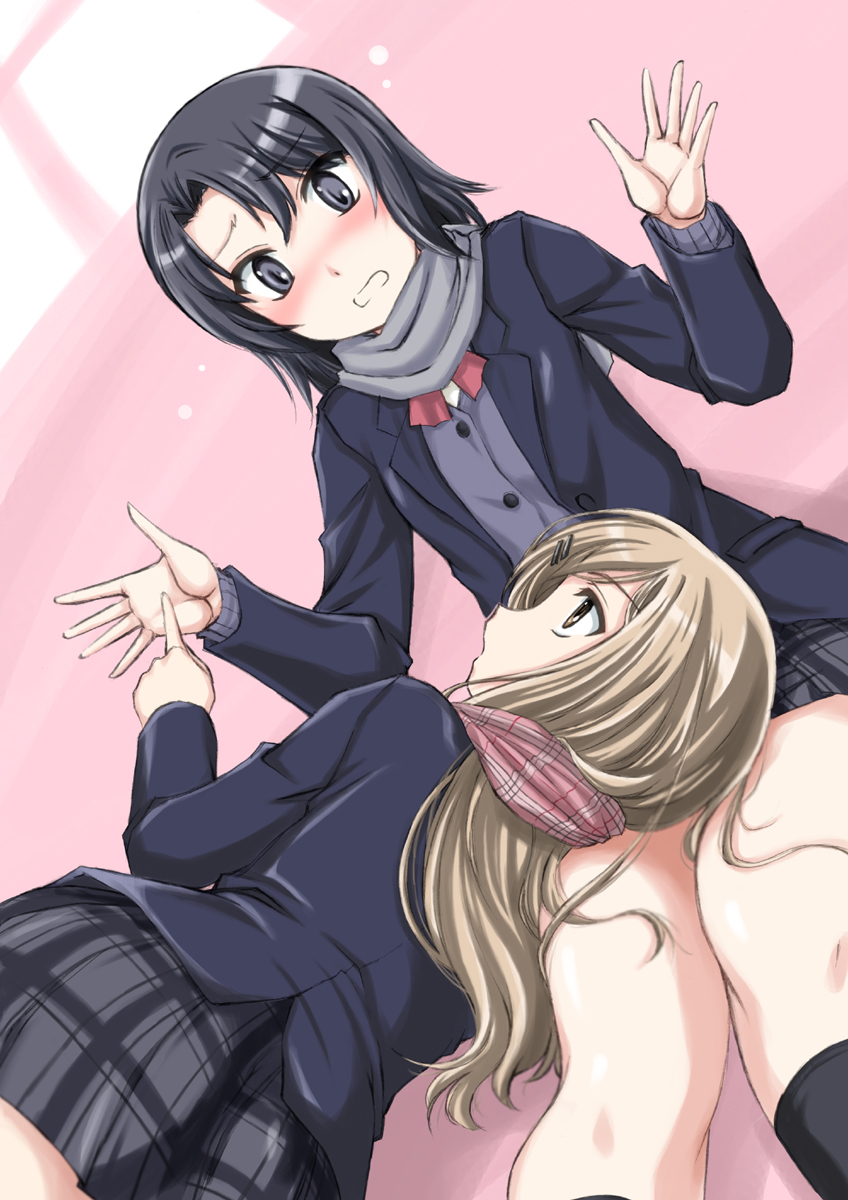 2girls, adachi_(adachi_to_shimamura), adachi_to_shimamura, bangs, black_hair, black_legwear, blue_jacket, blush