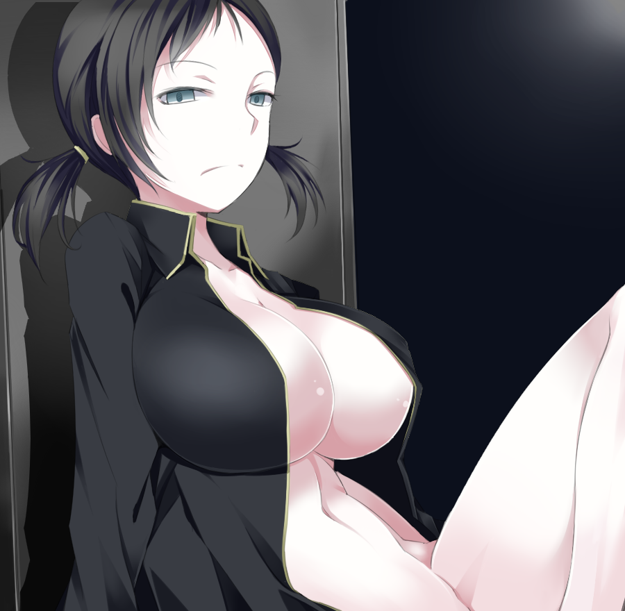 1girl, against_wall, black_eyes, black_hair, black_shirt, breasts, buta_(uhoiiotoko), cleavage