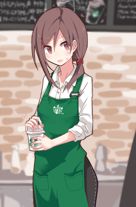 1girl, alternate_costume, apron, barista, brick_wall, brown_hair, cup, dress_shirt