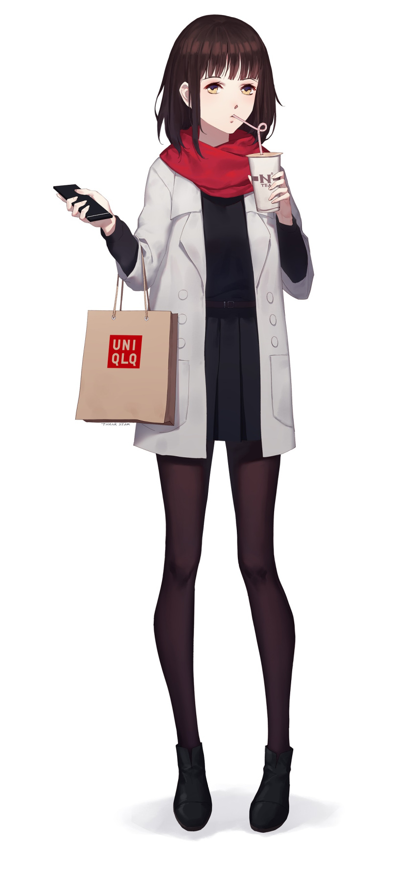 1girl, absurdres, bag, belt, black_legwear, brown_eyes, brown_hair, cellphone