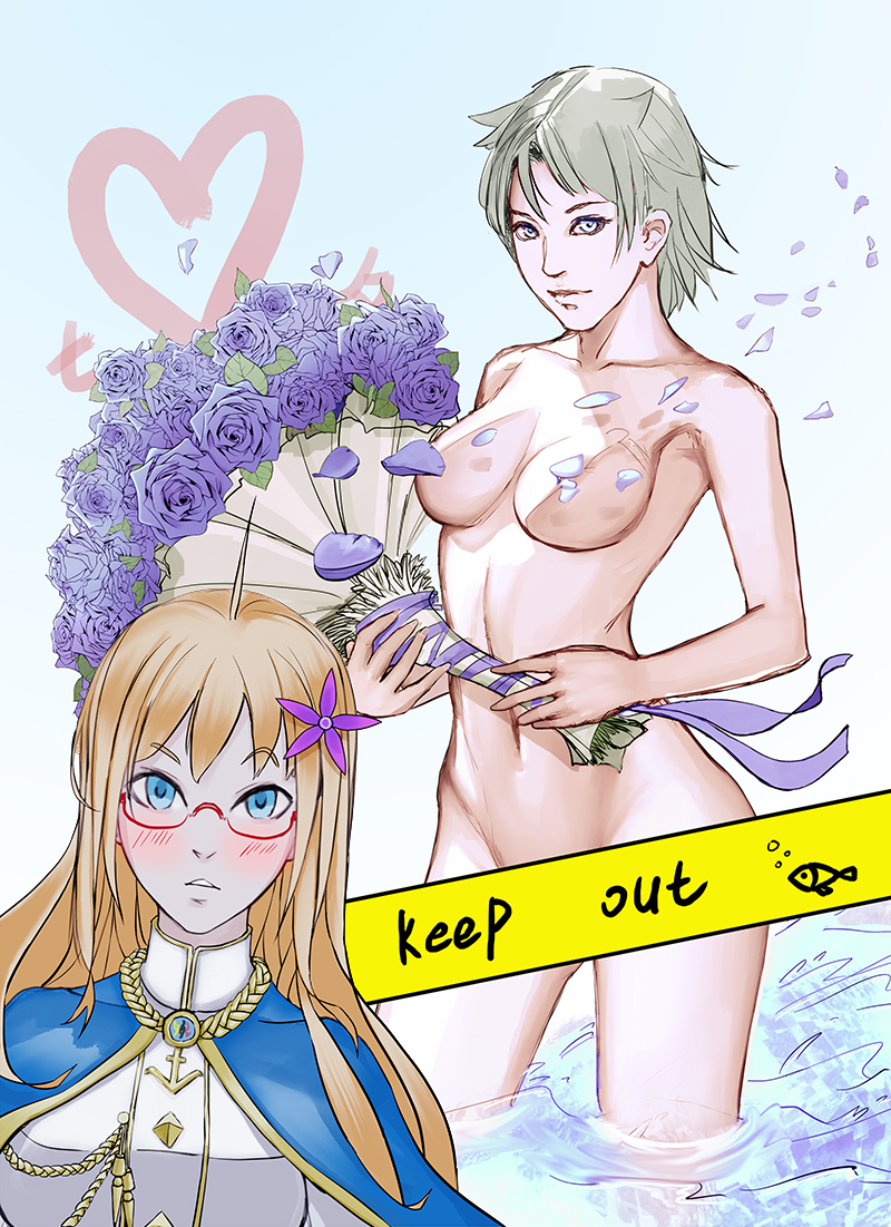 2girls, ahoge, aiguillette, bismarck_(zhan_jian_shao_nyu), blonde_hair, blue_eyes, blush, bouquet