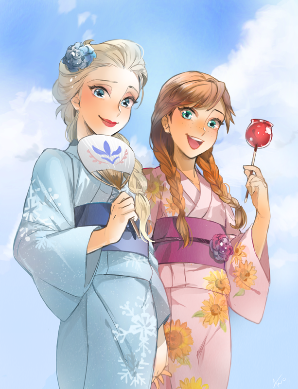 2girls, :d, anna_(frozen), ano_(sbee), blonde_hair, blue_eyes, blush, braid