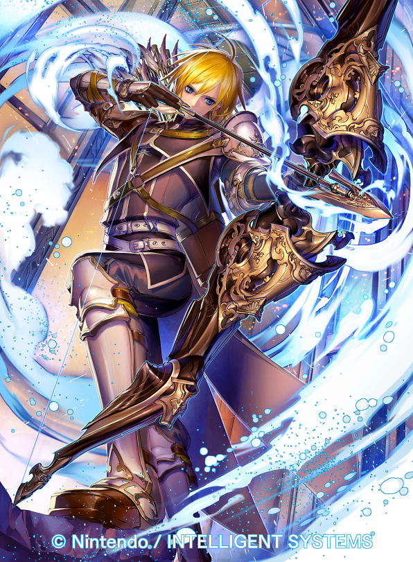 1boy, arrow, blonde_hair, blue_eyes, boots, bow_(weapon), company_name, fire_emblem