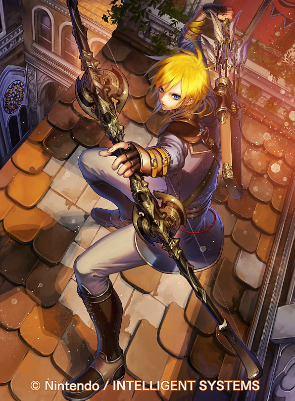 1boy, arrow, blonde_hair, blue_eyes, boots, bow_(weapon), company_name, fingerless_gloves