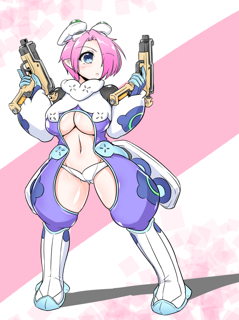 1girl, blue_eyes, blush, breasts, center_opening, cleavage, dual_wielding, gloves