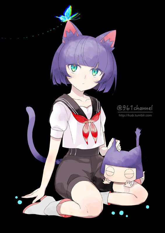 androgynous, animal_ears, bangs, black_background, blue_eyes, blunt_bangs, bob_cut, boots