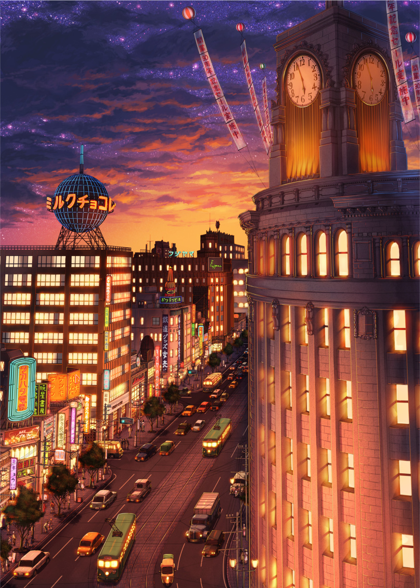 asano_shiki, balloon, banner, building, bus, car, city, cityscape