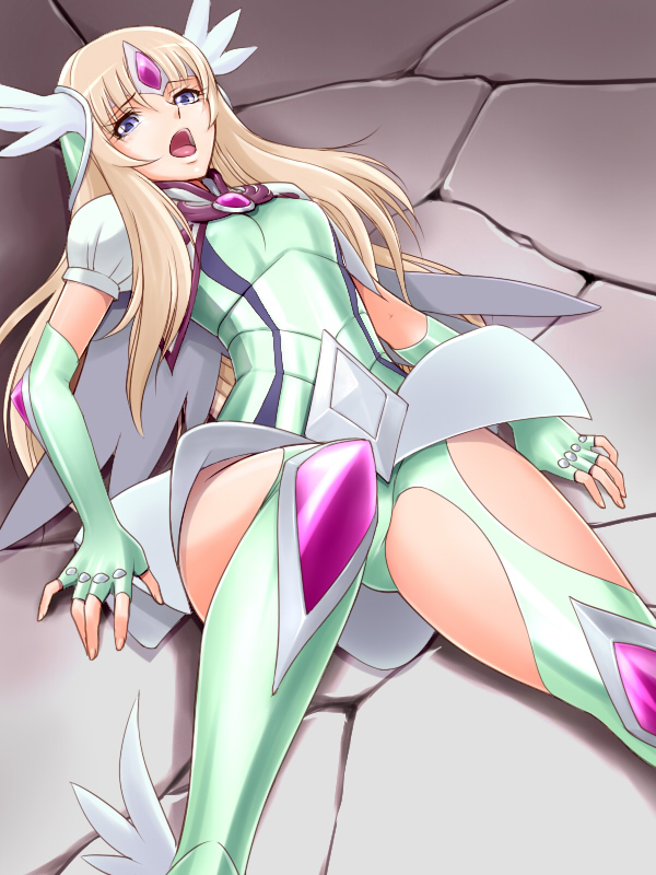 1girl, aquila_yuna, armor, blonde_hair, blue_eyes, long_hair, looking_at_viewer, lying