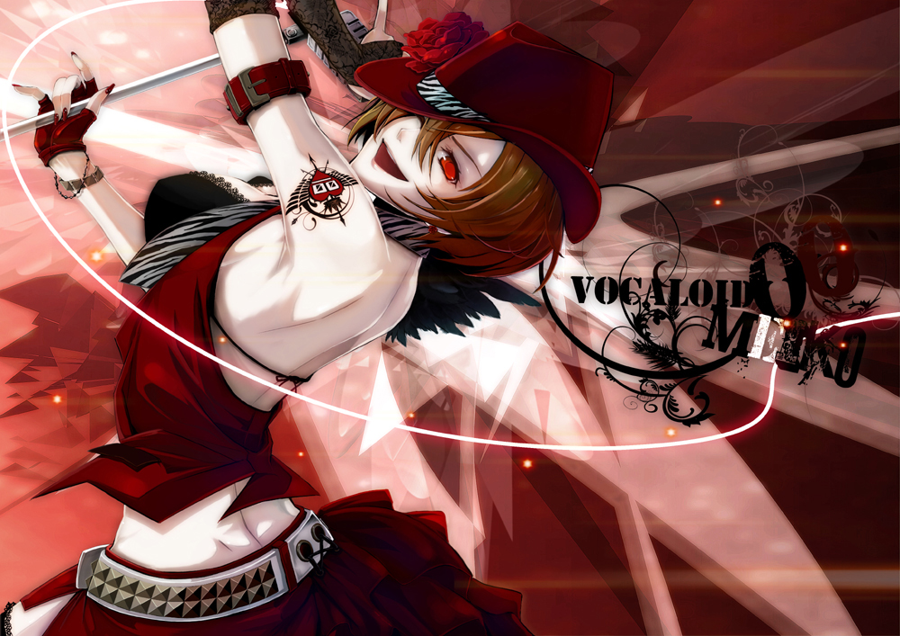 bare_shoulders, belt, brown_hair, fingerless_gloves, flower, gloves, hair_over_one_eye, hat, komaki_(gigu), komaki_(pixiv309429), meiko, microphone, microphone_stand, midriff, nail_polish, navel, necktie, red, red_eyes, rose, short_hair, skirt, smile, solo, tattoo, vocaloid