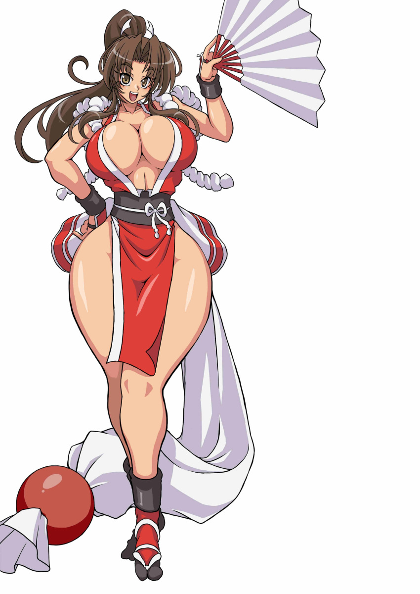 1girl, absurdres, blush, breasts, brown_hair, cleavage, fan, fatal_fury