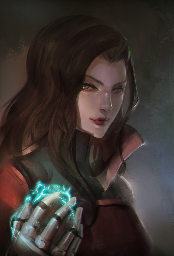 1girl, arieaesu, asami_sato, avatar_legends, brown_hair, commentary, electricity, gauntlets