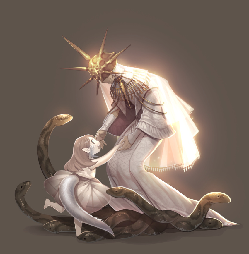 1boy, 1girl, arm_warmers, barefoot, brown_hair, child, company_captain_yorshka, covered_eyes, dark_souls, dark_souls_iii, dark_sun_gwyndolin, dress, grey_background, headpiece, highres, holding_hands, jewelry, long_hair, open_mouth, pointy_ears, san_(winteroll), scales, smile, snake, souls_(from_software), tail, veil, white_dress, white_hair, younger