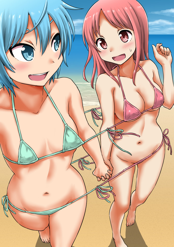 2girls, ahoge, bare_shoulders, barefoot, beach, bikini, blue_eyes, blue_hair