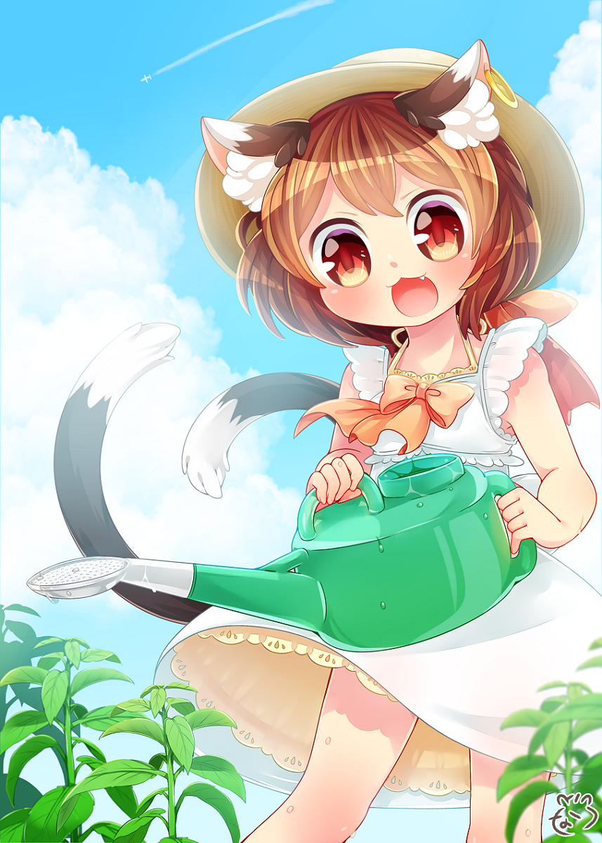 1girl, :3, :d, aircraft, airplane, alternate_costume, animal_ears, bare_arms