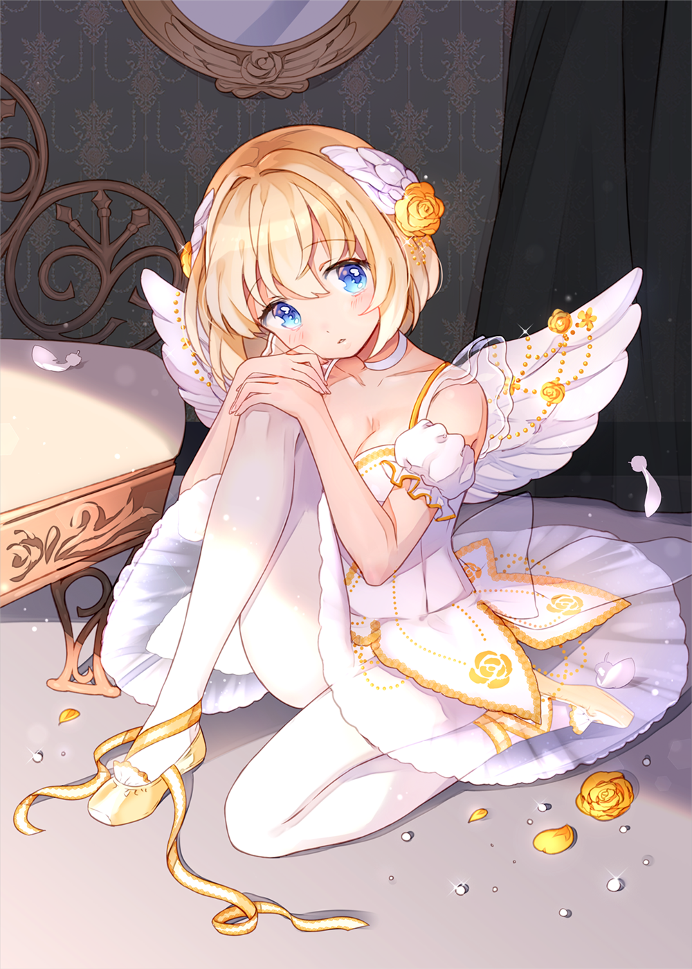 1girl, ballerina, ballet_slippers, bare_shoulders, blonde_hair, blue_eyes, breasts, cleavage, dress, flower, hair_flower, hair_ornament, highres, jitter, original, pantyhose, rose, short_hair, sitting, solo, wings