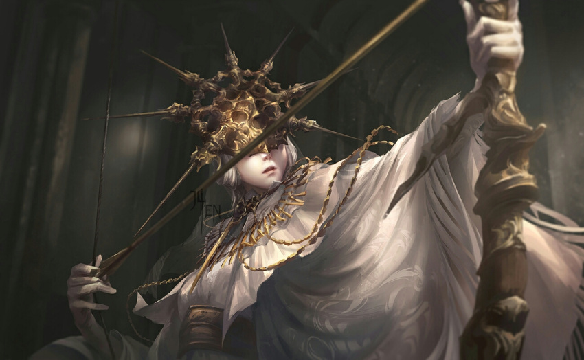 1boy, arrow, bow_(weapon), capelet, corset, dark_souls, dark_sun_gwyndolin, helmet
