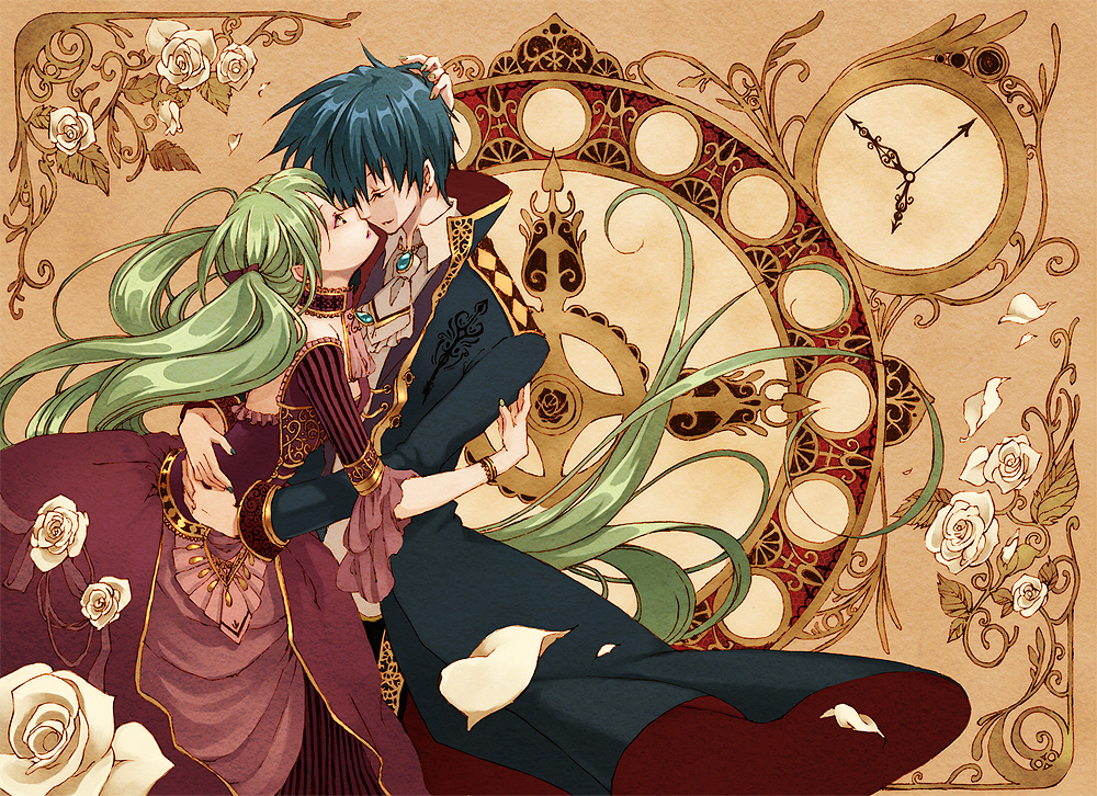 blue_hair, cantarella_(vocaloid), cloak, clock, dress, flower, green_eyes, green_hair