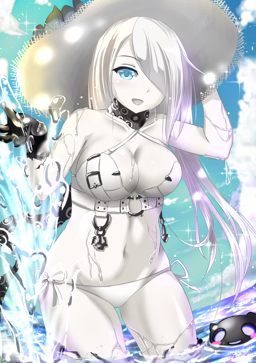 1girl, :d, anchor, bare_shoulders, bikini, black_gloves, blue_eyes, blush_stickers