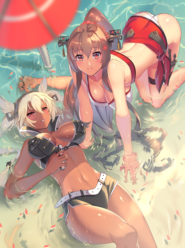 2girls, aguy, all_fours, ass, belt, bikini, brown_eyes, brown_hair