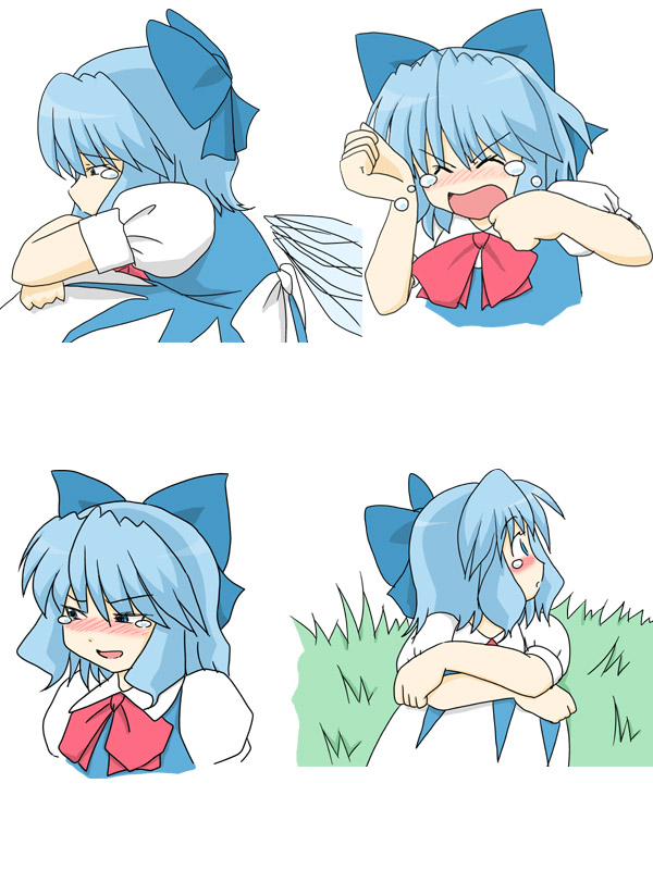 blue_hair, blush, bow, cirno, hair_bow, saiba, short_hair, tears