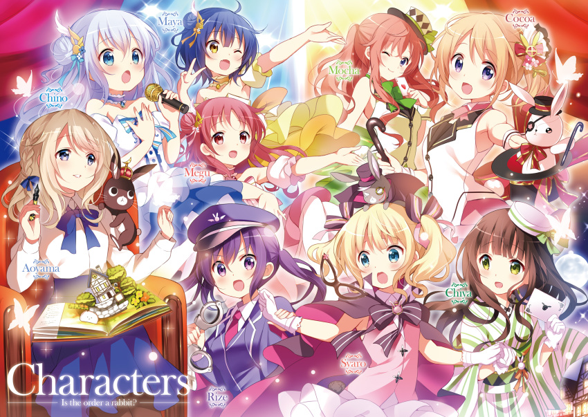 >:d, 6+girls, :d, :o, ;), ;d, ahoge, alternate_costume