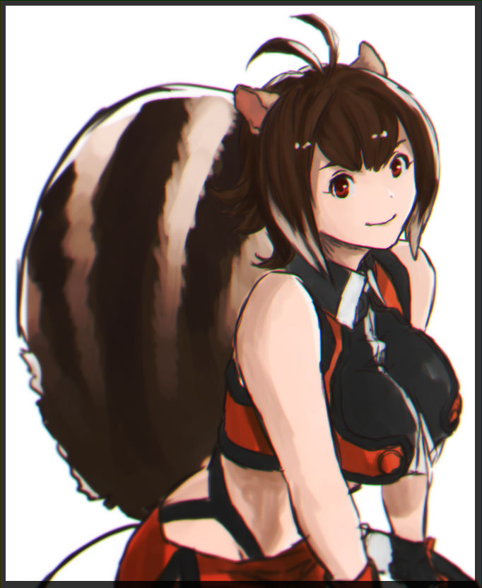 1girl, animal_ears, antenna_hair, bare_shoulders, black_gloves, blazblue, breasts, brown_hair