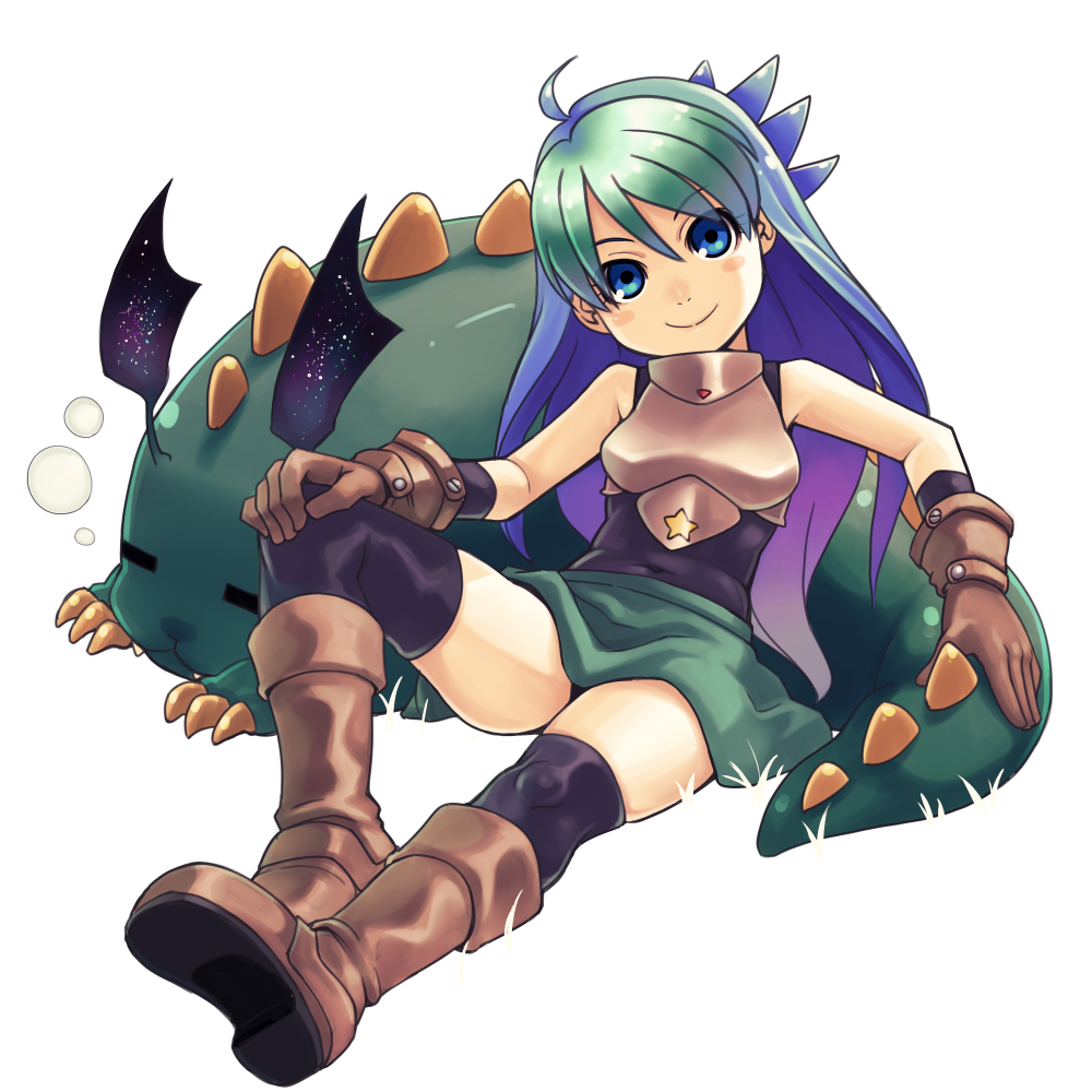 1girl, armor, black_legwear, blue_eyes, blue_hair, blush, boots, elbow_gloves