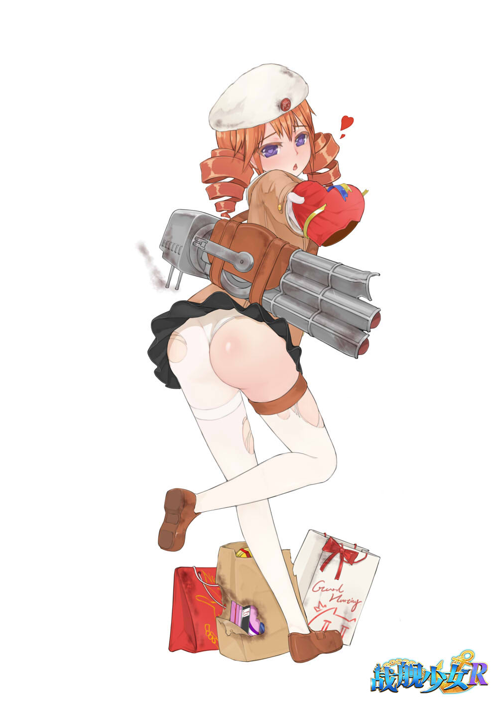 1girl, :o, alternate_costume, ass, asymmetrical_legwear, bag, beret, black_skirt