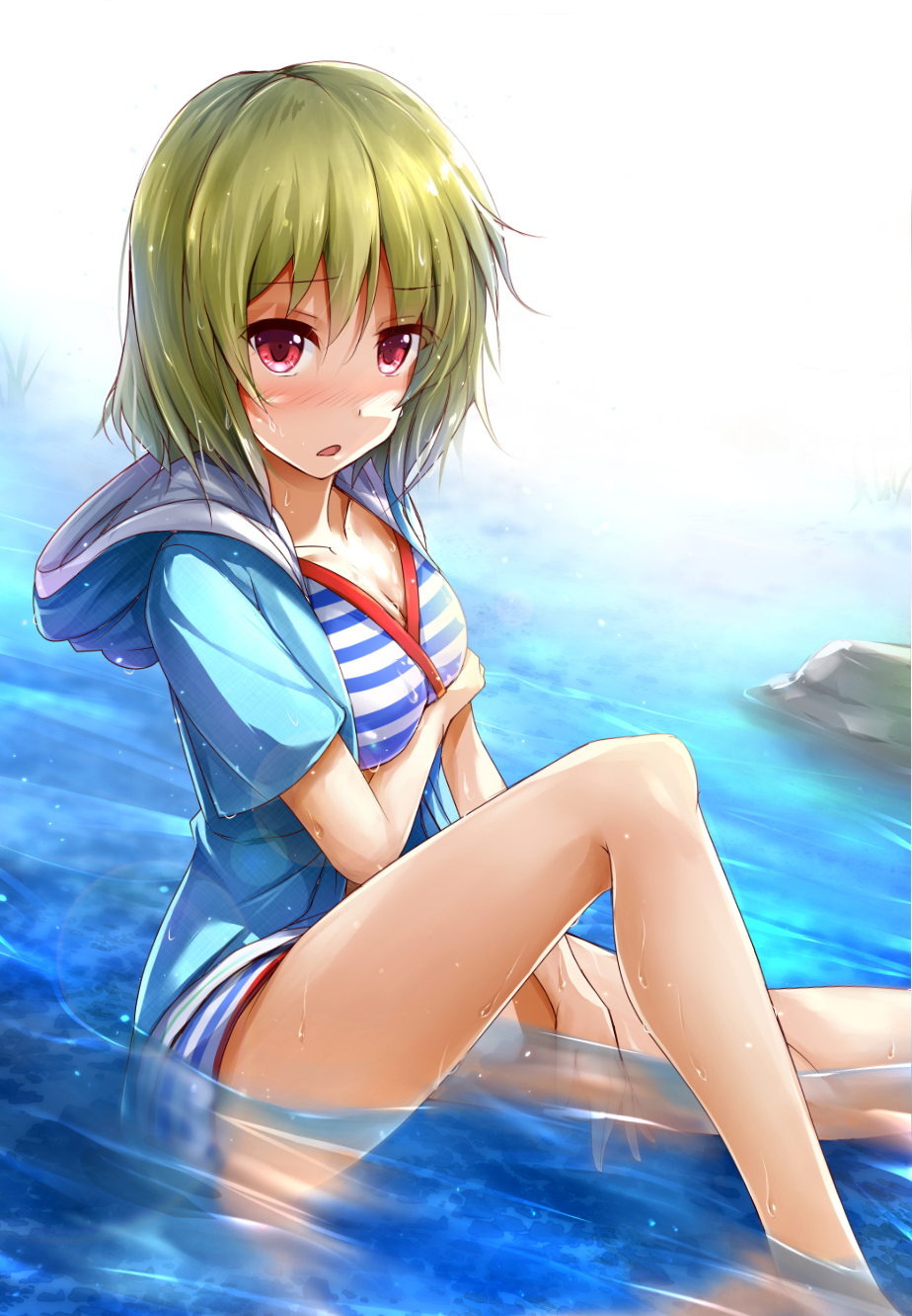 1girl, bikini, blush, green_hair, highres, hood, hoodie, idolmaster
