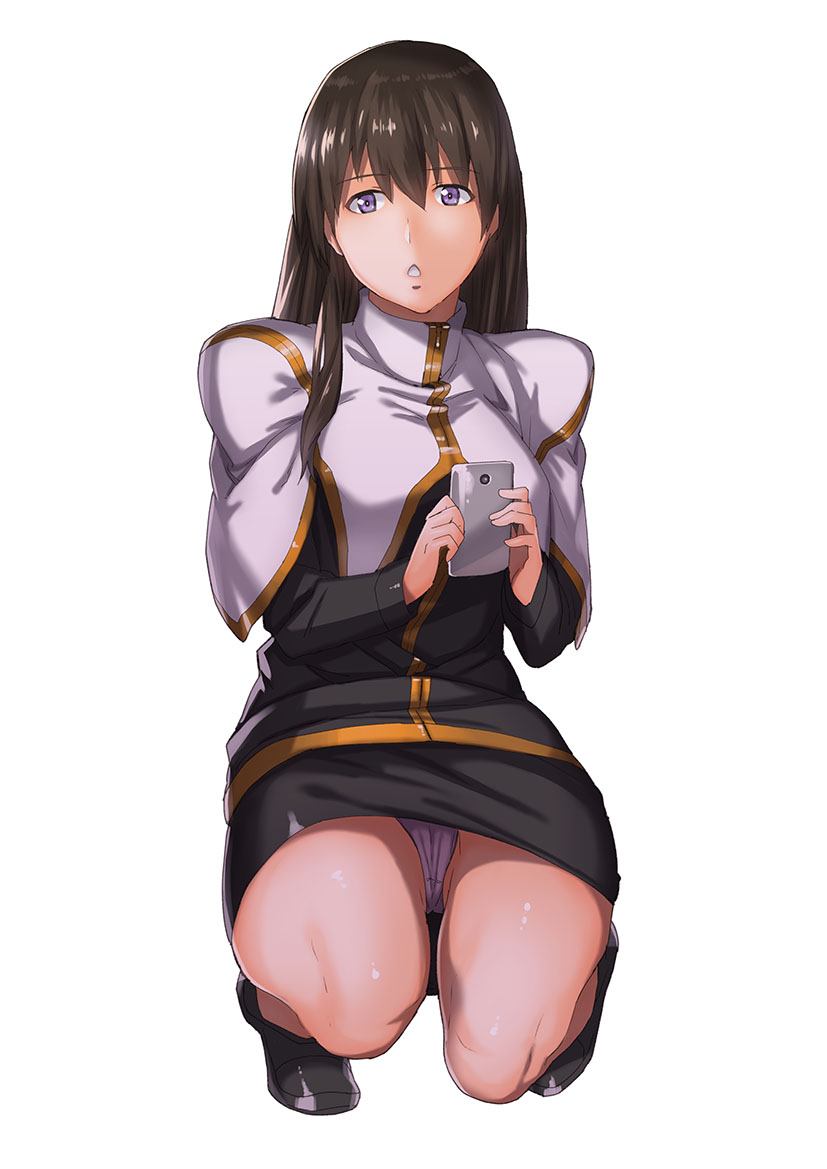 1girl, :o, brown_hair, capelet, cellphone, gundam, jack_hamster, kneeling, lavender_eyes, long_hair, looking_to_the_side, maria_owens, miniskirt, panties, pantyshot, phone, sd_gundam_g-generation, skirt, smartphone, solo, underwear, white_background