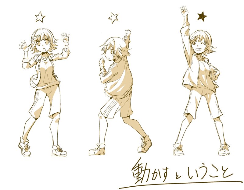 1girl, clenched_hands, hand_on_hip, honda_mio, idolmaster, idolmaster_cinderella_girls, jacket, monochrome
