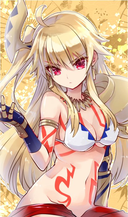 1girl, ahoge, armlet, bikini_top, blonde_hair, bottomless, bottomless_female, earrings