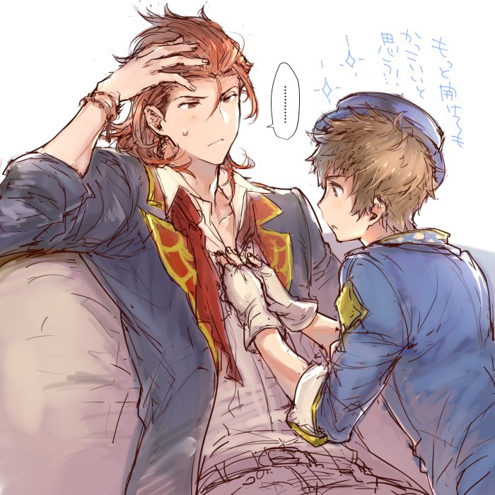 ..., 2boys, alternate_costume, boater_hat, brown_hair, fingerless_gloves, gloves, gran_(granblue_fantasy)
