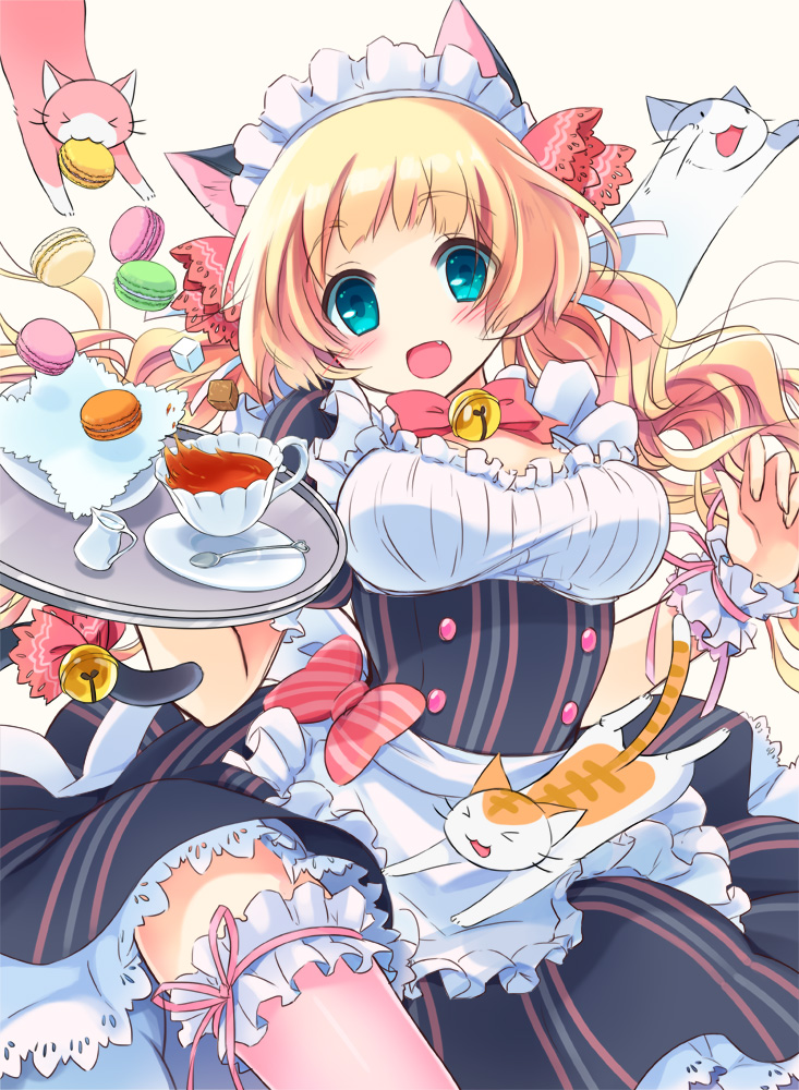 1girl, :d, animal, animal_ears, aqua_eyes, bell, bell_choker, blonde_hair