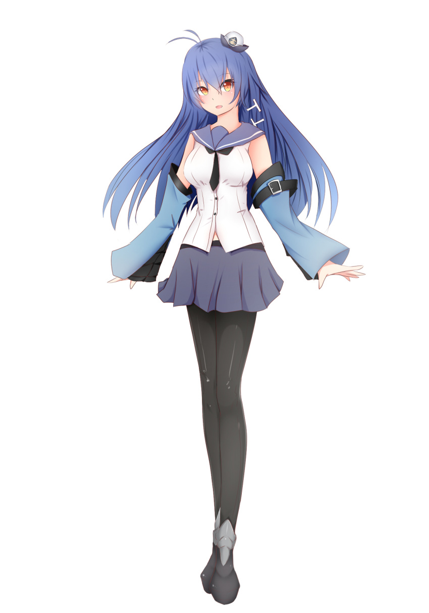 1girl, ahoge, airdoor, black_legwear, blue_hair, blue_skirt, detached_sleeves, full_body
