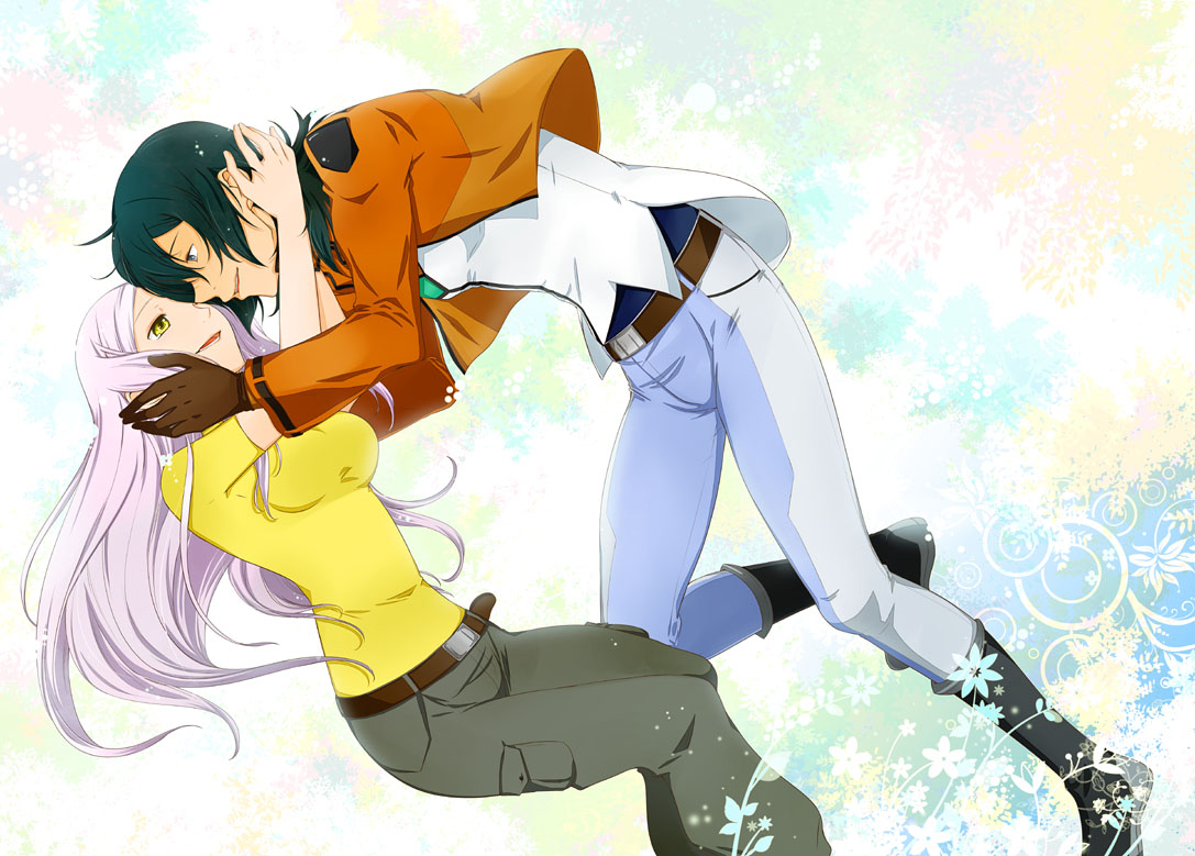 1boy, 1girl, allelujah_haptism, belt, black_hair, brown_gloves, gloves, grey_eyes