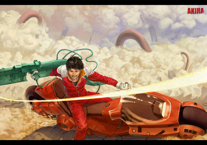 bad_id, cloud, clouds, cyberpunk, gun, kaneda_shoutarou, male, miyazaki, motor_vehicle, motorcycle, realistic, riding, science_fiction, shoutarou_kaneda, smoke, vehicle, wallpaper, weapon