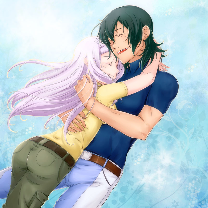 1boy, 1girl, allelujah_haptism, belt, black_hair, closed_eyes, gundam, gundam_00