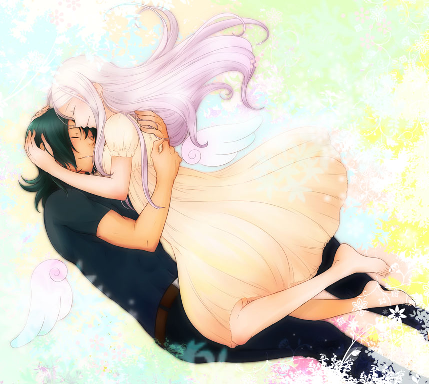 1boy, 1girl, allelujah_haptism, barefoot, black_hair, blonde_hair, closed_eyes, gundam